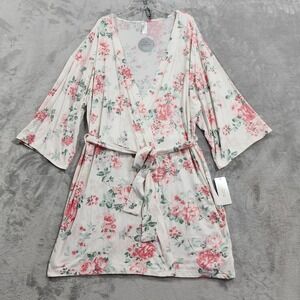 NEW Flora By Flora Nikrooz Robe Womens L White Pink Floral Kimono Belted Jersey